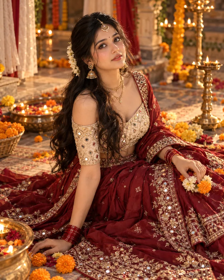 bg-Maroon Mirror-Work Navratri Portrait